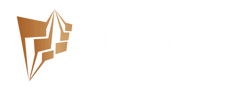 SimTr8 logo featuring an orange geometric emblem to the left of the white 'SimTr8' wordmark on a teal background